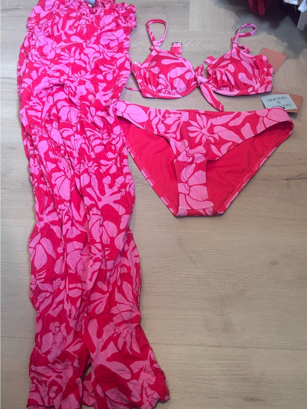 Shade & Shore Pink and Hot Pink Floral Bikini Set with Cover-Up